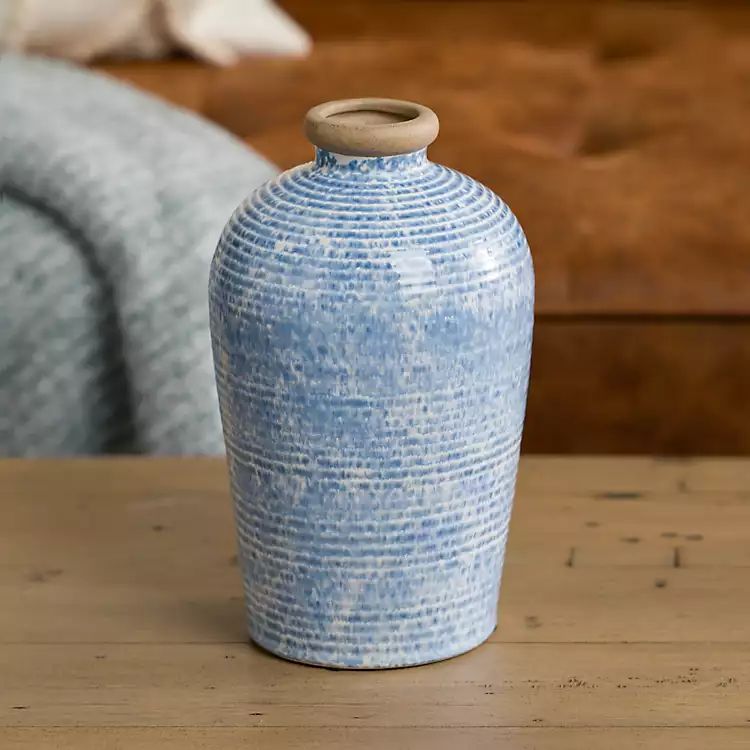 New! Blue Ceramic Textured Lines Vase, 9 in. | Kirkland's Home