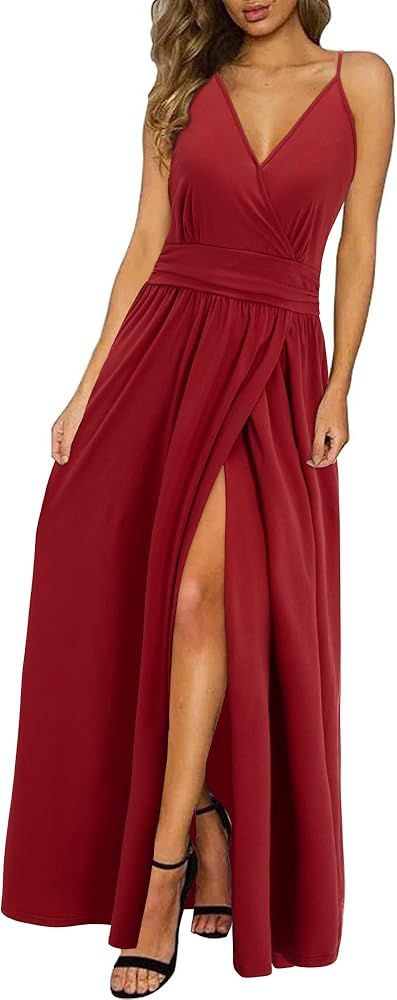 Newshows Women's Summer V Neck Spaghetti Strap Sleeveless Casual Split Long Maxi Dress | Amazon (US)