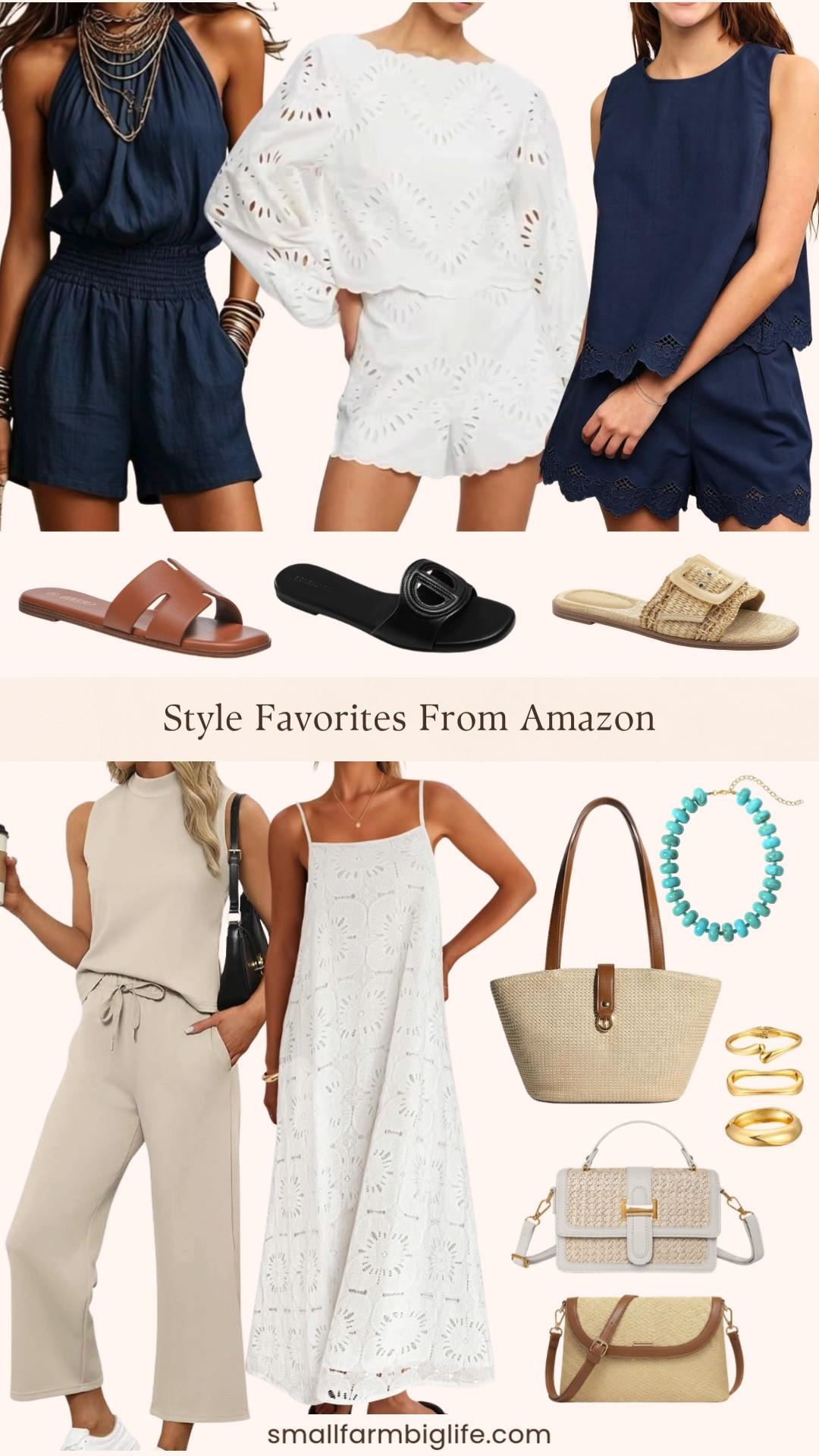 Amazon summer style favorites are here and I am loving this vacation ready lineup! From the scallop embroidered two piece short set and the eyelet lantern sleeve going out set to the smocked halter romper and the wide leg lounge set, these pieces are perfect for travel and warm weather days. I am also obsessed with the leather slide sandals, raffia woven sandals, straw crossbody bag, straw tote bag, chunky beaded necklace, and gold bangle bracelets to complete every outfit. Shop it all right here on my LTK. 

 #LTKootd #LTKSeasonal #LTKOver40