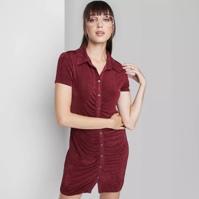 Women's Short Sleeve Button-Front Bodycon Dress - Wild Fable™ Berry Red S | Target