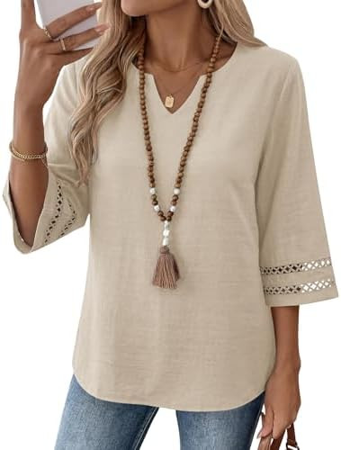 LOMON Womens 3/4 Sleeve V Neck Bohemian Blouses Casual Loose Fit Tunic Tops Vacation Clothes | Amazon (US)