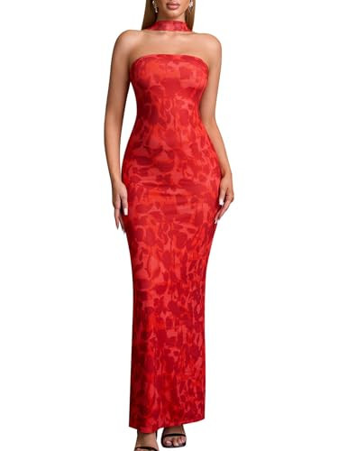 HTZMO Women Elegant Summer Bodycon Maxi Dress Halter Neck Formal Wedding Guest Cocktail Party Long Dresses RedPrint M | Amazon (US)