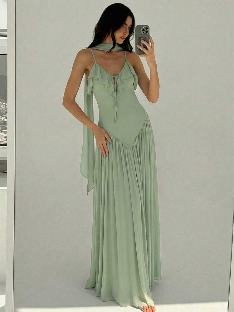 Aloruh Women's Elegant Ruffle Collar Fitted Waist Mint Green Beach Vacation Maxi Dress,Summer Dresses For Women,Spring Outfit Women ,Valentines Day Dress ,Elegant Dresses For Party,Beach Dresses For Women,Wedding Guest Dress, Elegant Dresses For Women ,Sun Dresses For Women ,Elegant Dresses For Party, Birthday Dresses For Women | SHEIN