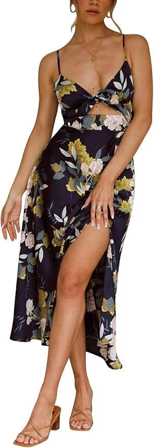 Fashionme Women Spaghetti Strap Midi Satin Dresses Tie Front Backless Split Hollow Dress | Amazon (US)