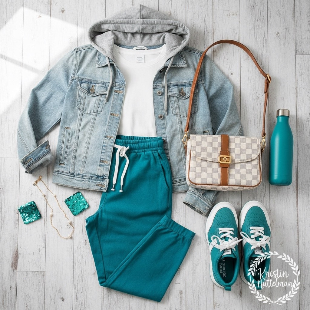 
This teal color is EVERYTHING right now! 💚

I'm obsessed with how this outfit comes together. A light wash denim jacket over a cozy gray hoodie, paired with teal joggers and matching teal sneakers—this is comfort AND style in one perfect package!

The checkered crossbody bag adds the perfect pop of pattern, and that teal water bottle ties the whole look together. Every single piece is budget-friendly and works perfectly for casual days when you want to feel put-together without trying too hard.

Comment SHOP below to snag these finds! Don't snooze on this color combo.

Hashtags:
#LTKFindsUnder50 #TealOutfit #ComfyStyle #BudgetFashion #OutfitInspo #StyleOnABudget #DenimJacket #FashionFinder #LTKFashion #ShopPeopleYouTrust #NebraskaCreator #AffordableStyle

#LTKFindsUnder50 #LTKmomlife #LTKootd