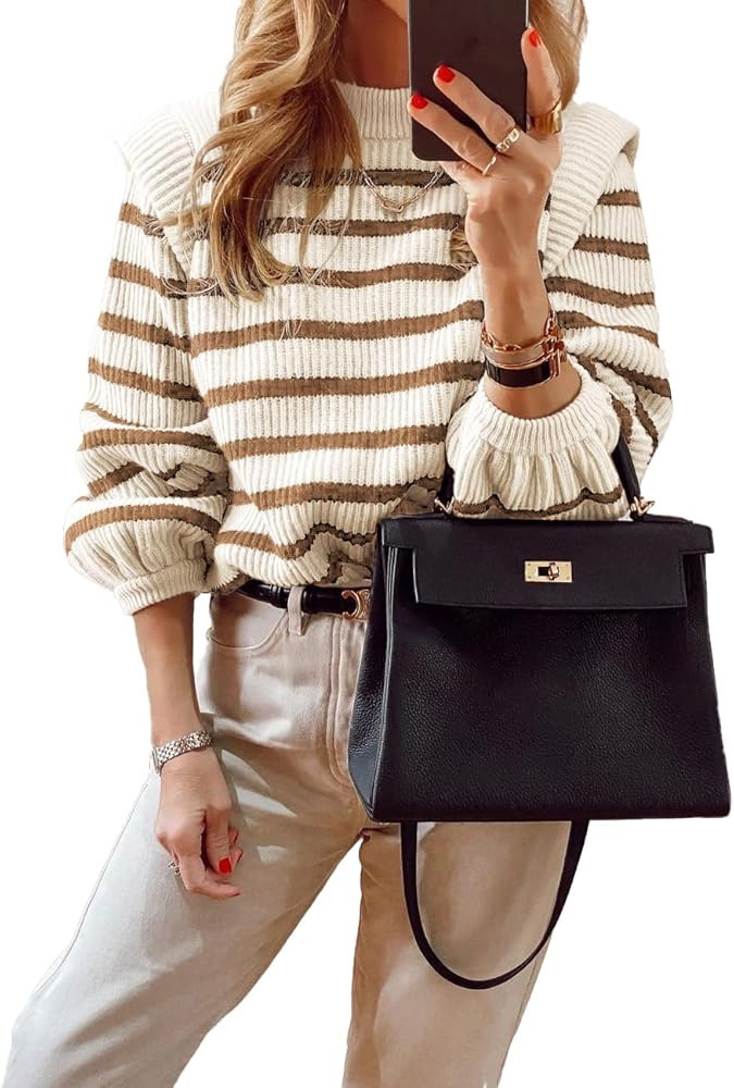 PRETTYGARDEN Women's Sweaters Casual Winter Long Lantern Sleeve Crewneck Ribbed Knit Pullover Str... | Amazon (US)