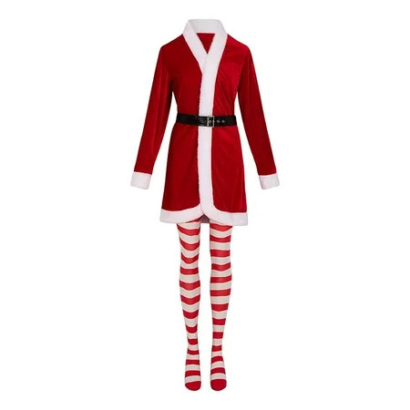 XFHLMJFF Christmas Santa Outfits Set Womens Stage Performance New Year Party Long Sleeve Dress With Belt Pantyhose Gloves Sexy Christmas Bunny Outfits 4Pcs | Walmart (US)