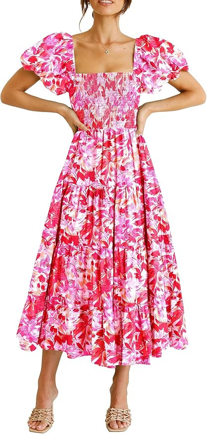 PRETTYGARDEN Women's Casual Summer Midi Dress Puffy Short Sleeve Square Neck Smocked Tiered Ruffl... | Amazon (US)