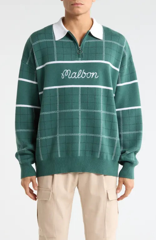 Malbon Golf Bennett Plaid Cotton Zip Polo Sweater in Hunter Green at Nordstrom, Size Small | Nordstrom