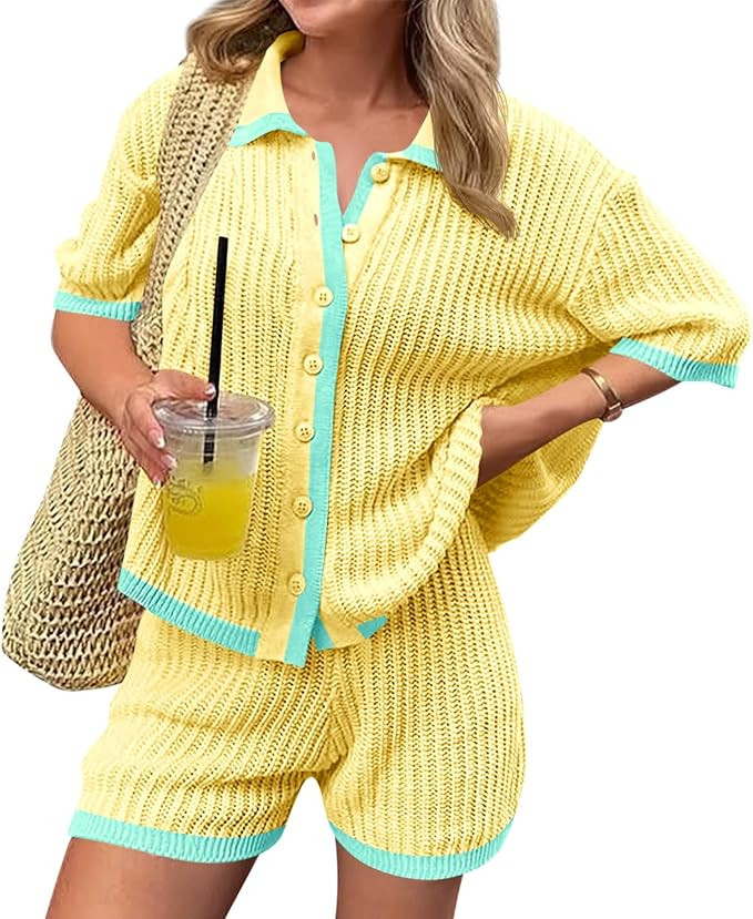 Cicy Bell Womens 2 Piece Short Sets Summer Sweater Outfits Short Sleeve Collared Tops Vacation Co... | Amazon (US)