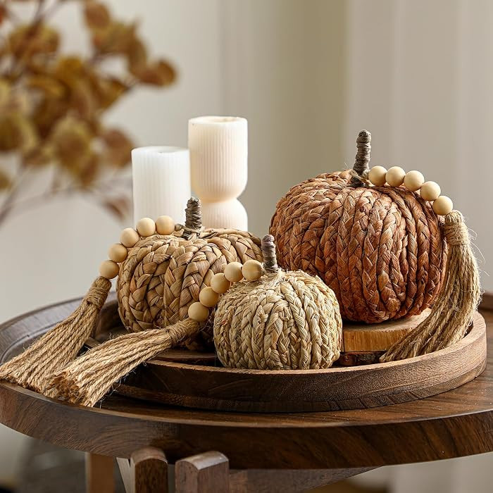 Wesiti 3 Pcs Rattan Pumpkin with Tassel Beads Boho Neutral Fall Thanksgiving Decor Handmade Artif... | Amazon (US)