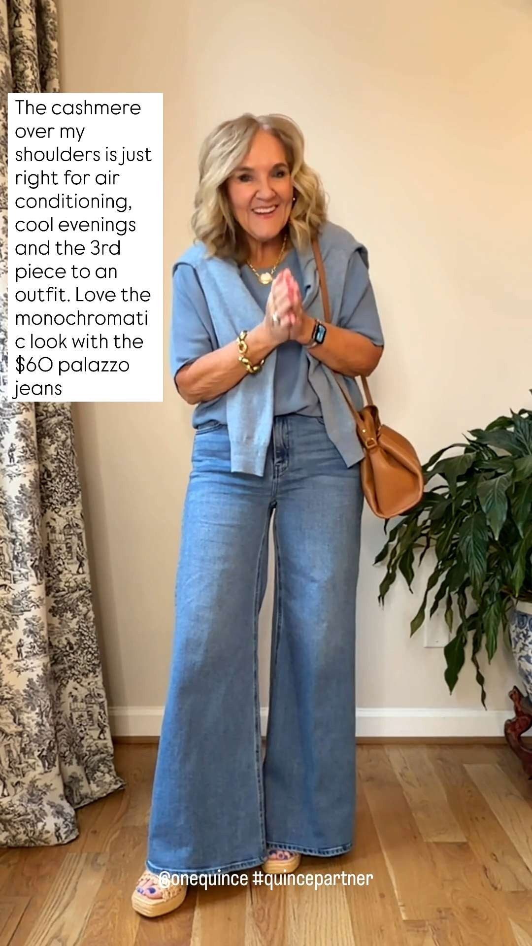 Monochromatic looks always feel so chic 🫶🏻

Loving this soft blue tonal outfit with the matching cashmere sweater draped over the shoulders, the perfect extra layer for chilly restaurants, air conditioning, or cooler evenings. Paired with relaxed palazzo jeans and a tan bag for an easy elevated everyday look. 

 #LTKootd #LTKOver40 #LTKSaleAlert
