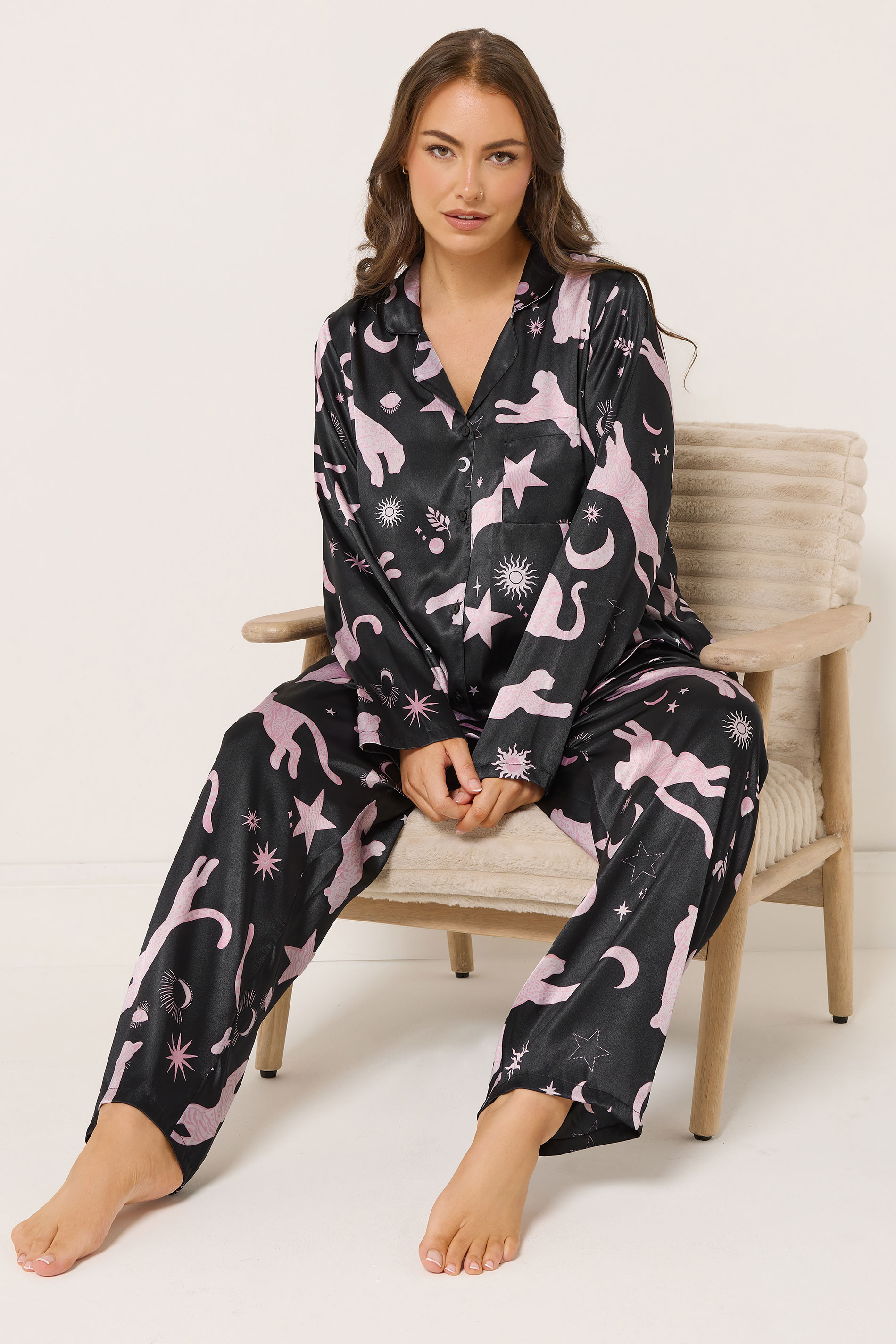 YOURS Plus Size Black Leopard Satin Pyjama Set | Yours Clothing UK