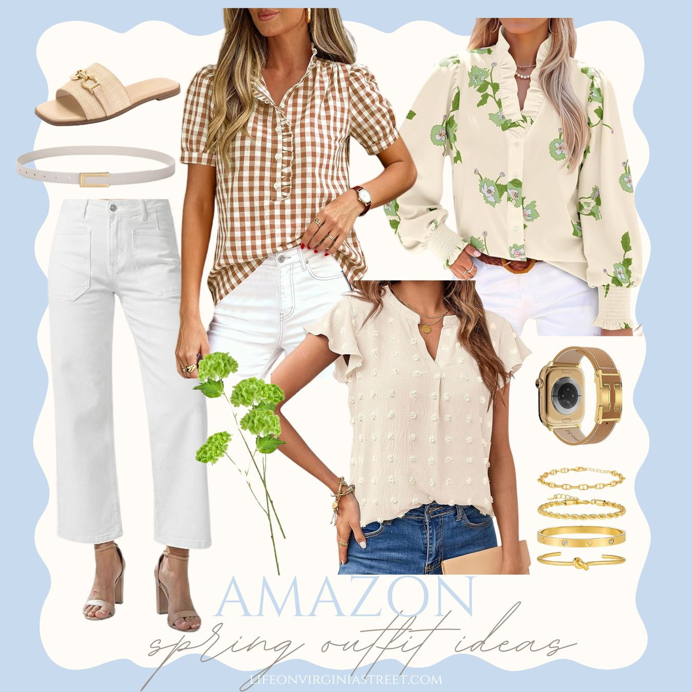 Cute Amazon spring outfit ideas, including cropped wide leg white jeans, a ruffle gingham top, floral ruffle collar blouse, swiss dot top, and cute accessories that look designer on a budget! #ltkover40 #ltkworkwear #ltkseasonal #ltksalealert #ltkmidsize #ltktall 

 

#LTKSeasonal #LTKOver40 #LTKSaleAlert