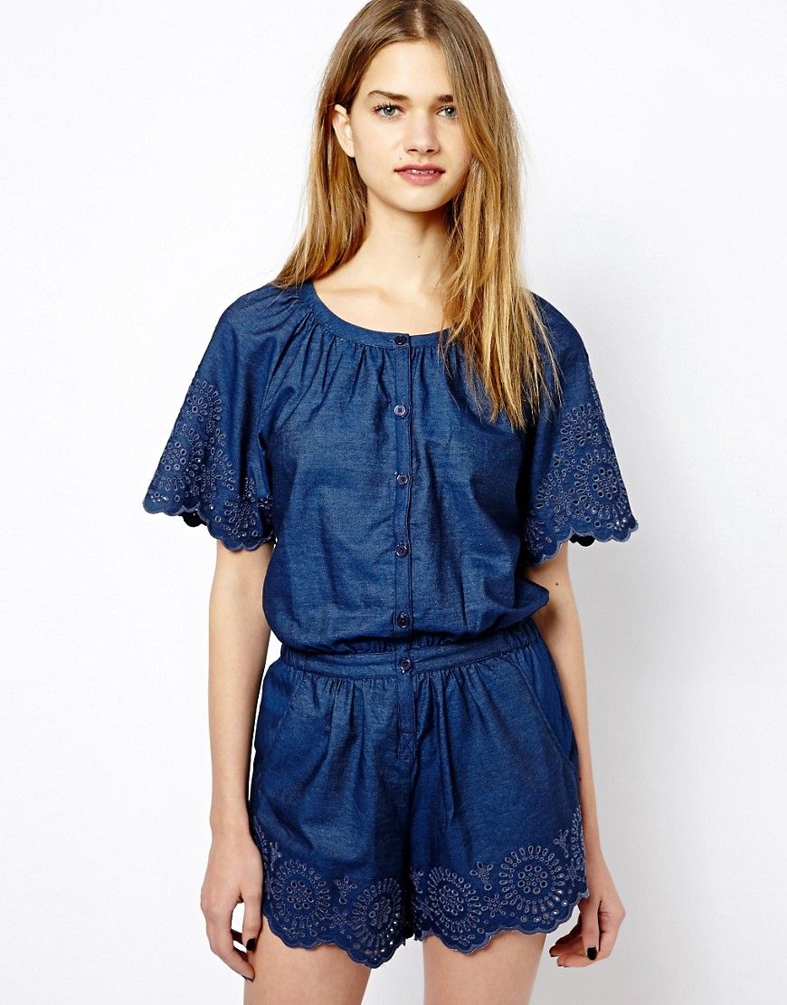 French Connection Morganna Playsuit in Lace and Denim | ASOS US