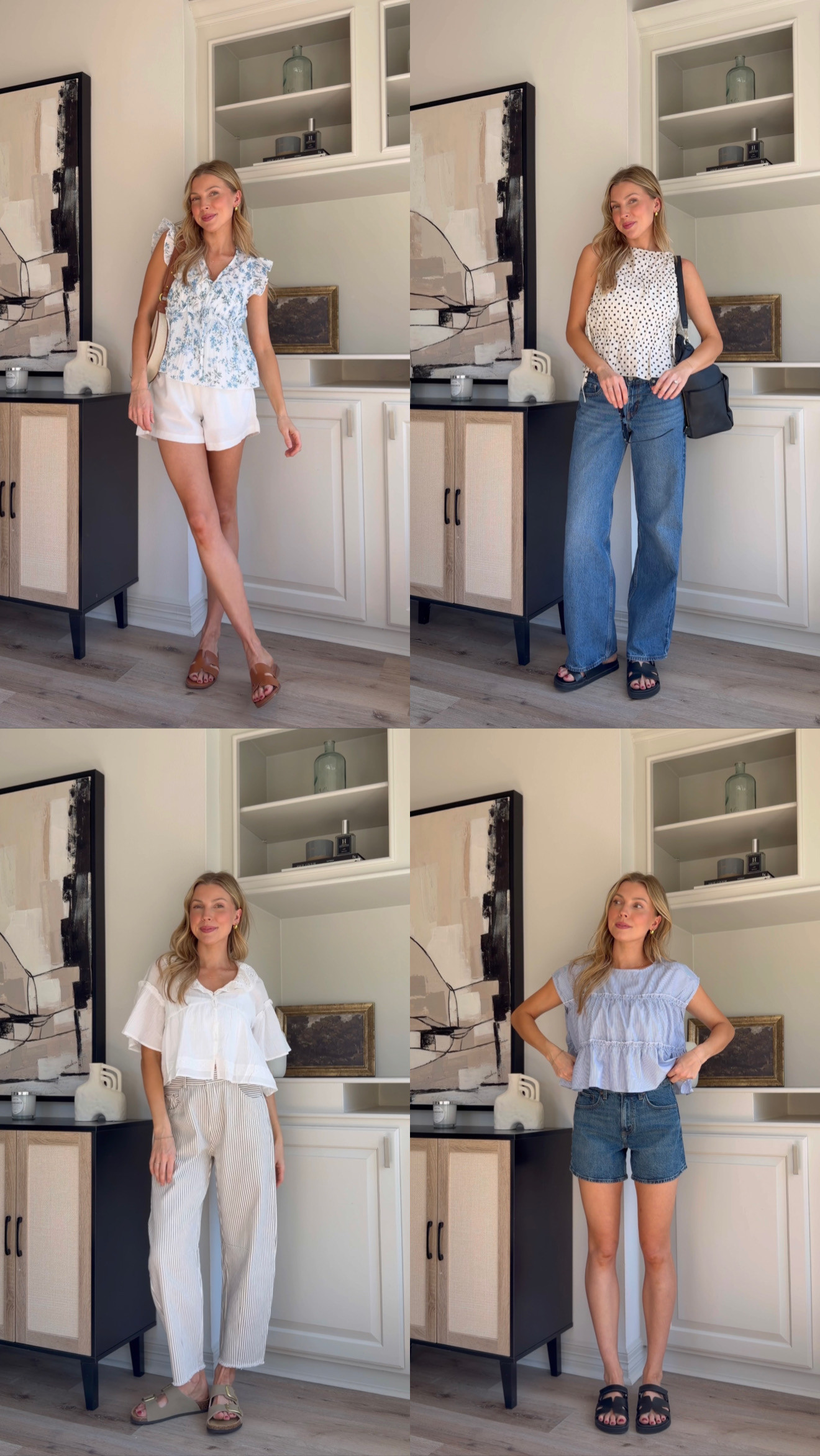 Comfy and put together mom outfits for spring! Wearing S in all tops, M sports bra tank, S white linen shorts, 26 in levi's denim + S in stripe barrel jeans.
 

 