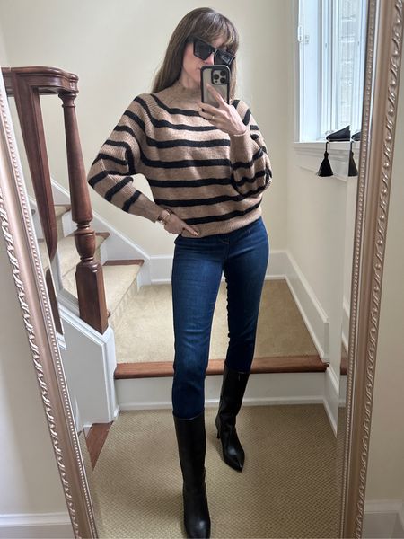 Striped camel and black  knits, slim cut jeans and knee high boots! Boots are 15% off with code ziba15 

#LTKfindsunder100 #LTKSeasonal #LTKstyletip