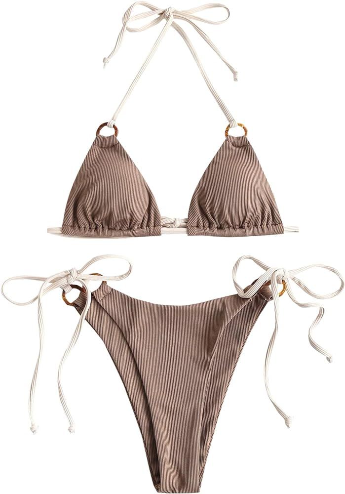 ZAFUL Women's Halter Triangle Bikini Ribbed String Smocked Swimwear Cheeky Thong Swimsuit High Cut B | Amazon (US)
