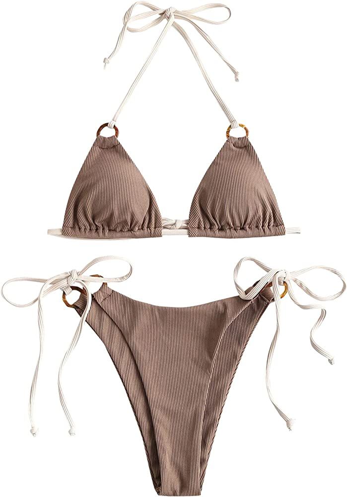 Amazon.com: ZAFUL Women's Ribbed O Ring Contrast Strap String Bikini Swimwear : Clothing, Shoes &... | Amazon (US)