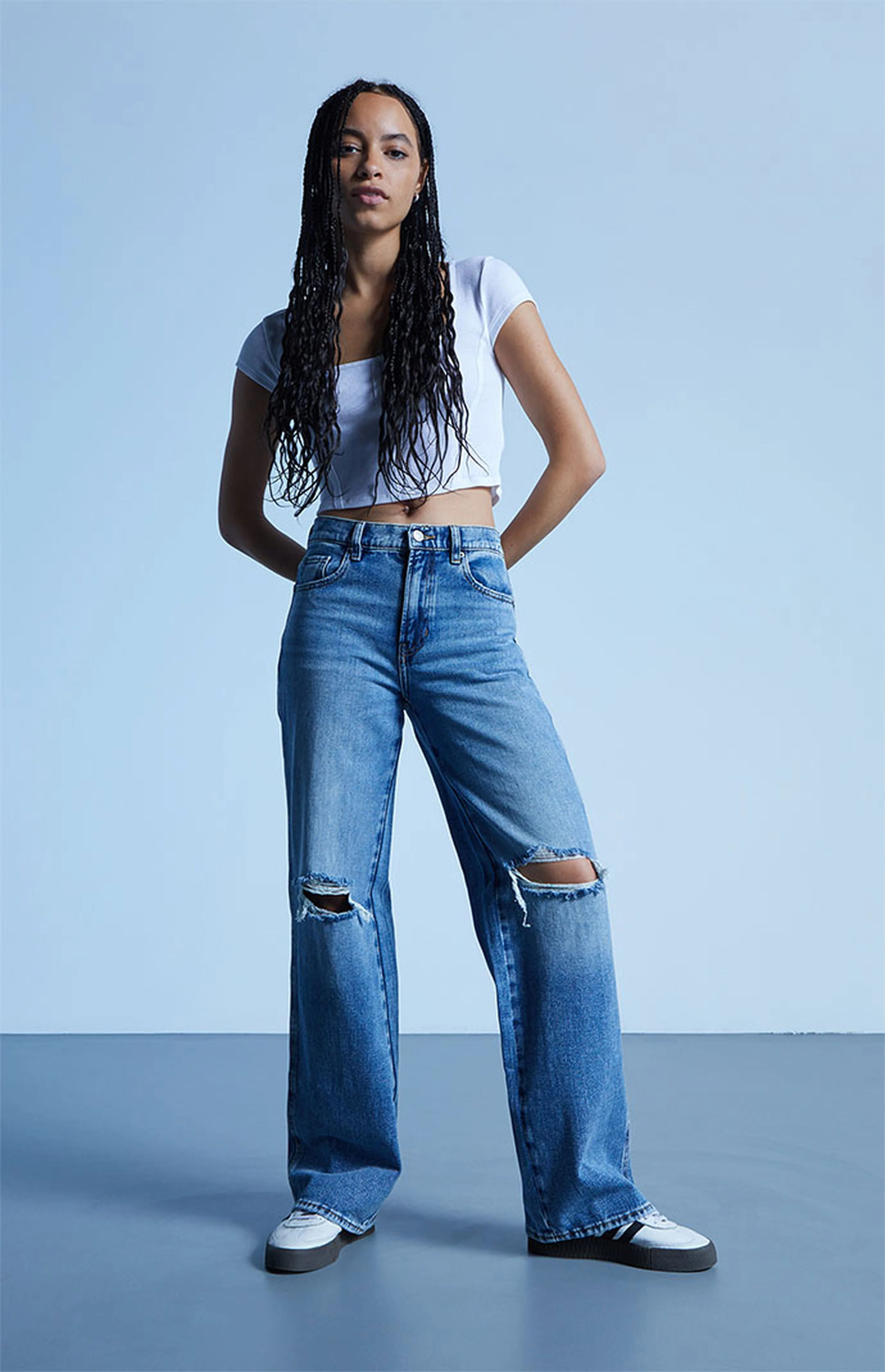 PacSun Medium Blue Ripped Baggy Jeans | PacSun
