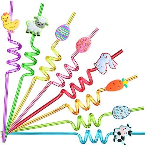 24 Easter Party Favors Easter Egg Bunny Carrot Chicken Cow Sheep Drinking Straws for Easter Party... | Amazon (US)