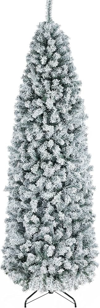 Yaheetech 7.5Ft Snow Flocked Fir Pencil Christmas Tree Slim Skinny Corner Artificial Hinged Xmas ... | Amazon (US)