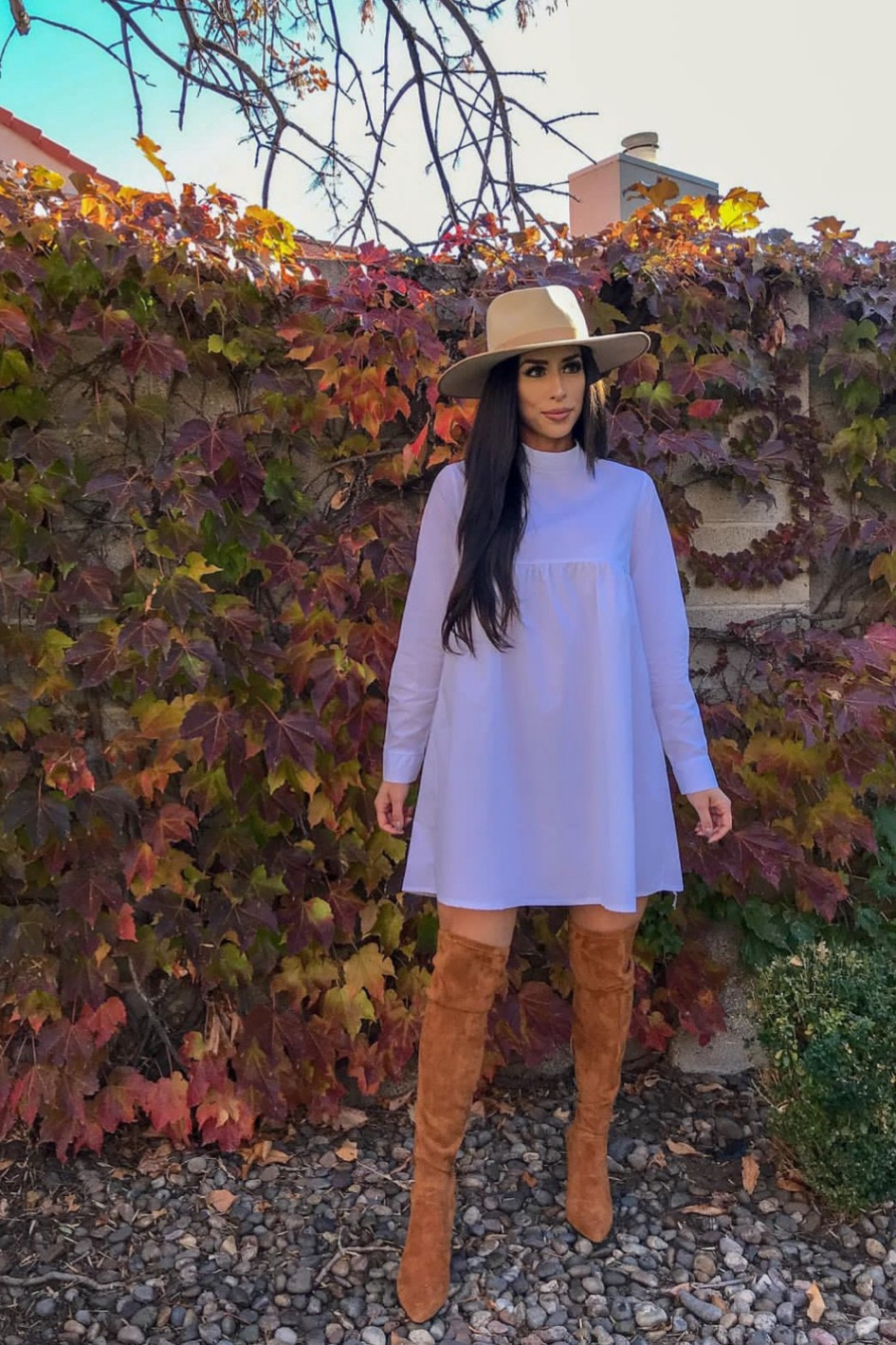 Fall outfit shirt dress boots and wide brim hat #amazonfinds #widebrimhhat #shirtdress