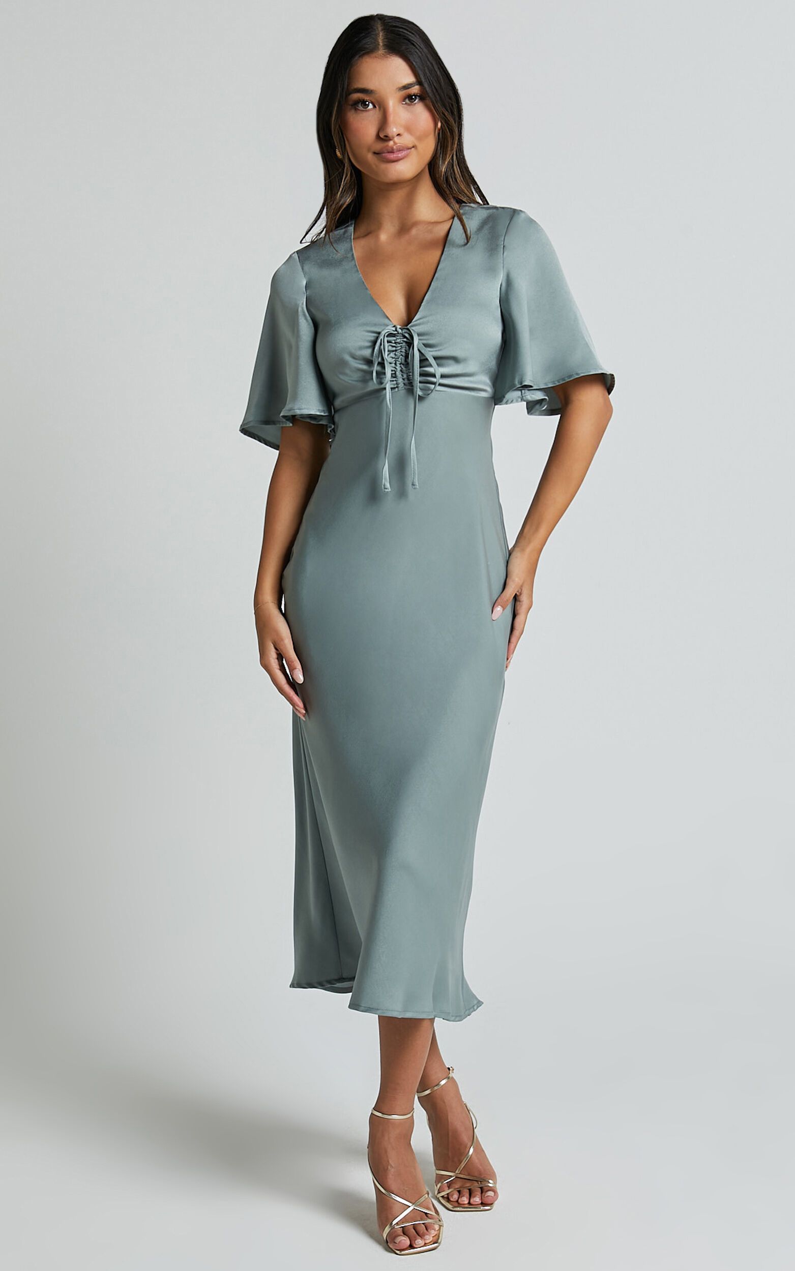 Nicholla Midi Dress - Ruched Front Angel Sleeve Slip Dress in Sage | Showpo (ANZ)