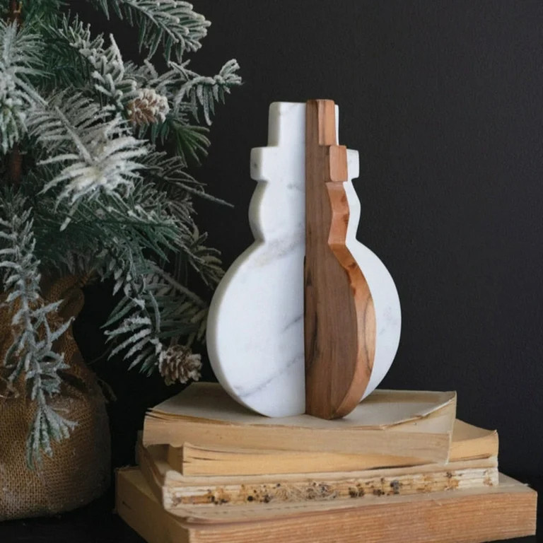 Kalalou White Marble and Acacia Wood 8" Tabletop Snowman Christmas Decoration | Walmart (US)
