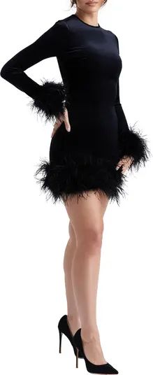 Lavinia Feather Trim Long Sleeve Velvet Minidress | Nordstrom