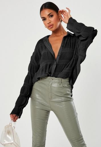 Missguided - Black Sheer Crinkle Extreme Oversized Shirt | Missguided (US & CA)