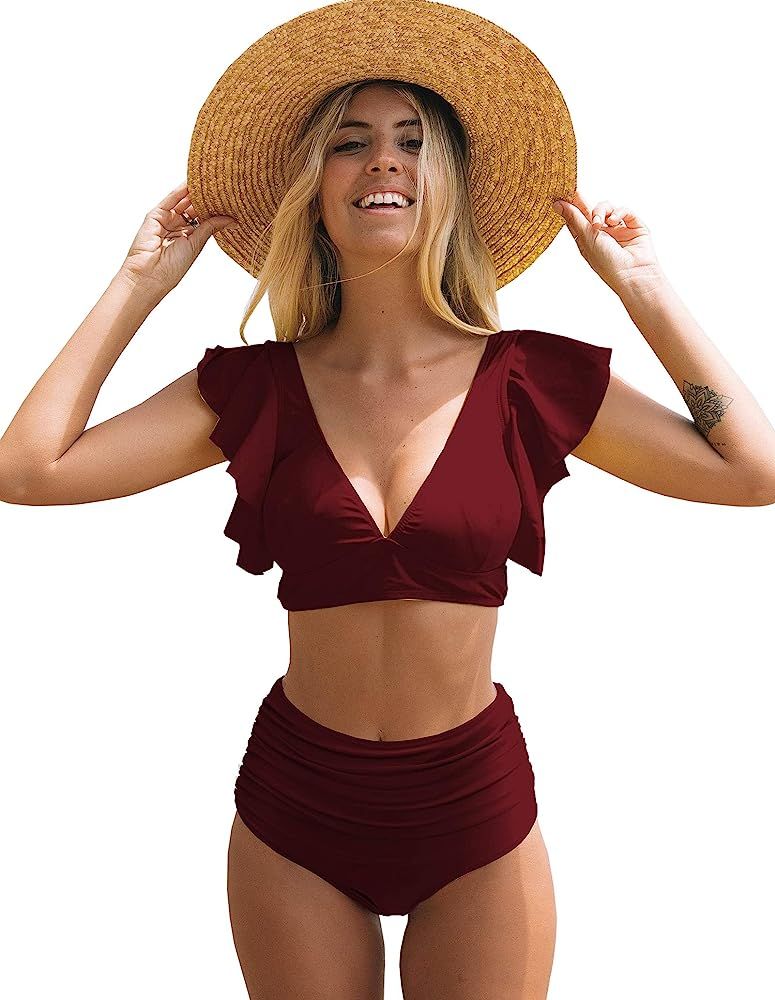 Sporlike Women Ruffle High Waist Swimsuit Two Pieces Push Up Tropical Print Bikini | Amazon (US)