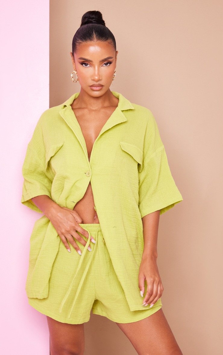 Chartreuse Woven Pocket Detail Short Sleeved Oversized Shirt | PrettyLittleThing US