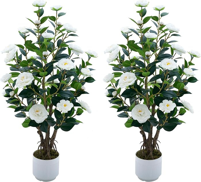 2 Pack Artificial Camellia Tree with White Pot, 38" Faux Potted Plants for Indoor Outdoor Decor, ... | Amazon (US)
