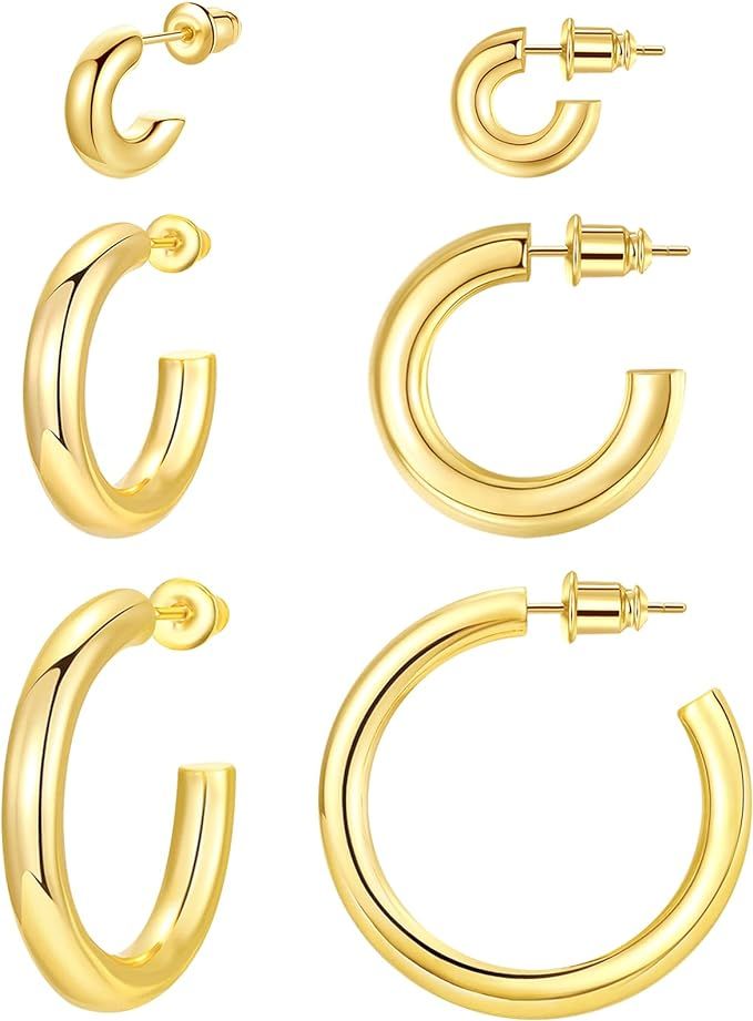 Adoyi Gold Hoop Earrings Set for Women, Open Gold Huggie Hoops 14K Plated Chunky hoop Earrings Hy... | Amazon (US)