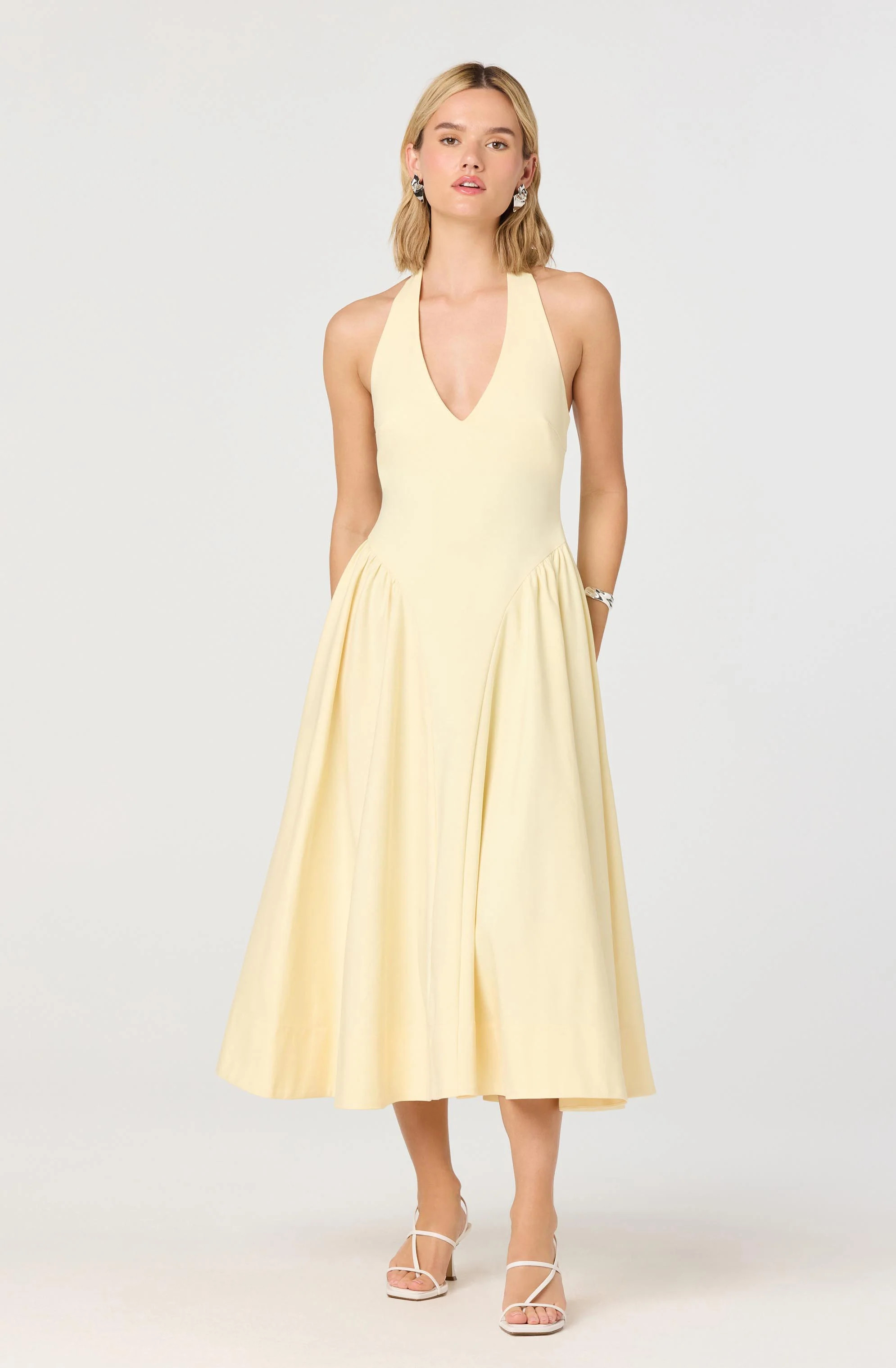 Meana Halter Plunge Drop-Waist Midi Dress - Lemon / XS | ASTR The Label (US)