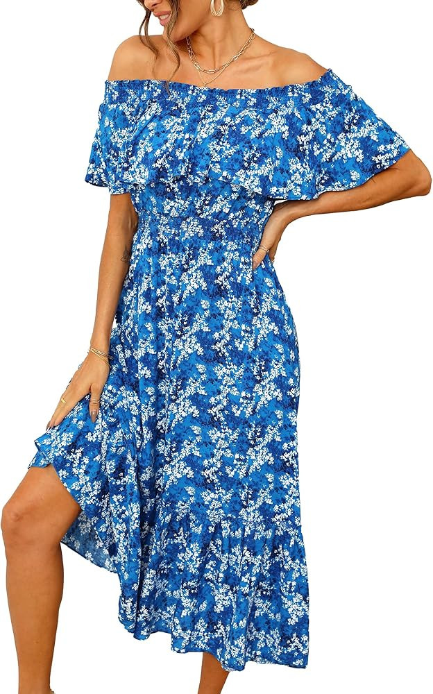 Women's 2024 Spring Summer Boho Off Shoulder Midi Dress Floral Short Sleeve A Line Casual Beach V... | Amazon (US)