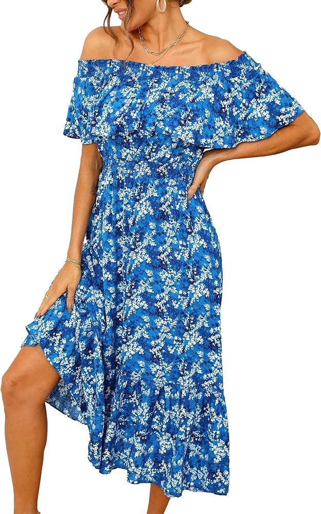 Women's Casual Boho Off Shoulder Midi Dress Floral Print Short Sleeve A Line Flowy Summer Beach V... | Amazon (US)