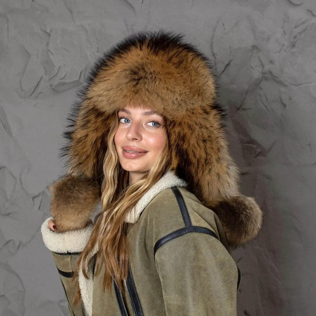 Natural Brown Raccoon Fur Trapper Hat, Women Hat For Cold Weather, Fluffy Aviator Hat, Leather Bo... | Etsy (US)
