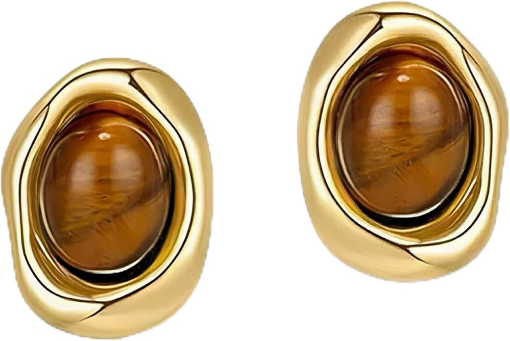 Trendy Women's Gold Chunky Tiger Eye Stone 14k Gold Plated Rhinestone Square Stud Earrings, Natur... | Amazon (US)