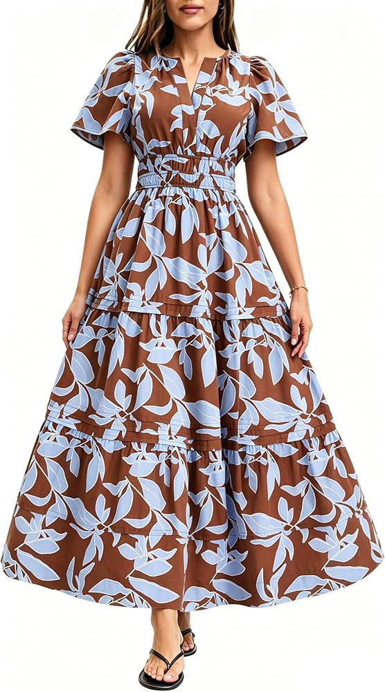 Women Summer Casual Cotton Flowy Tiered Maxi Dress with Smocked Waist and Pockets DRL | Amazon (US)