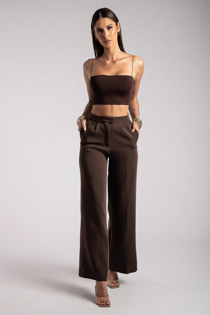 Alana Wide Leg High Waist Pants - Chocolate | MESHKI US
