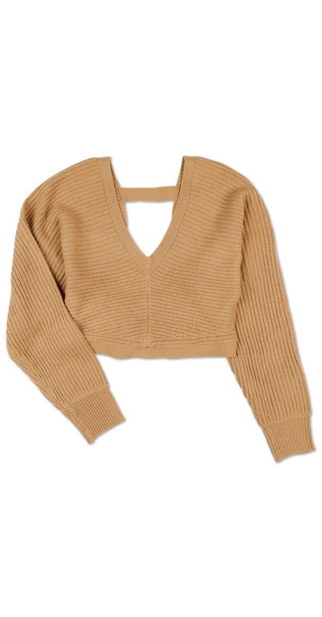 Juniors Knitted Open Back Sweater - Tan-Tan-2293027301625   | Burkes Outlet | bealls