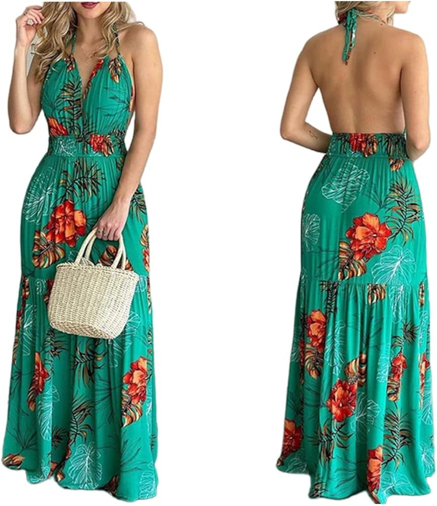 Halter Dresses for Women Sleeveless Deep V Neck Dress High Waist Print Maxi Dresses A Line Flowy ... | Amazon (US)