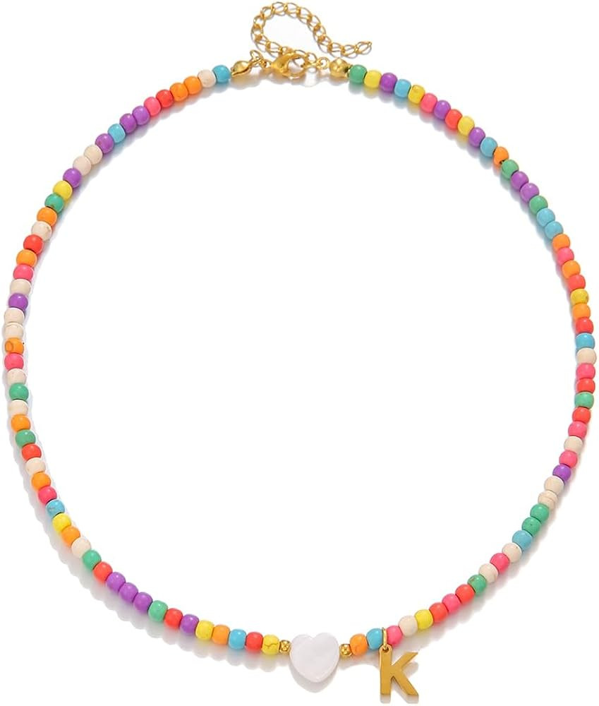 Gold Initial Necklace for Women - Handmade Bohemian Colorful Beaded Initial Stainless Steel 18K P... | Amazon (US)