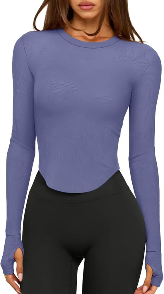 LASLULU Womens Long Sleeve Workout Tops Crop Tops Crew Neck Ribbed Slim Fitted Breathable Running... | Amazon (US)