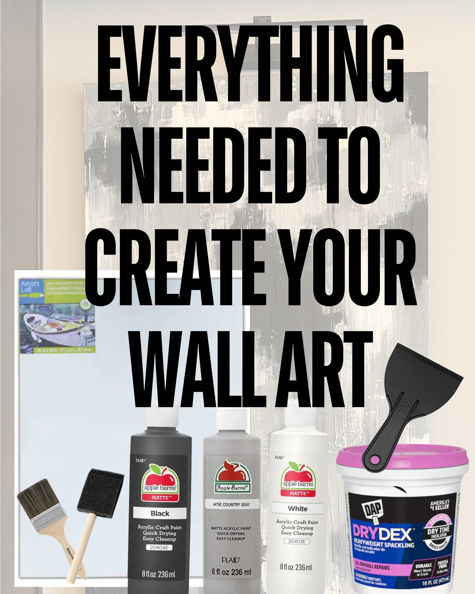 DIY Wall Art Essentials 

Ready to get crafty and create your own wall art? Here's everything you'll need:

1. Canvas - Your blank slate!
2. Spackle & Spackle Tools - Perfect for adding texture or fixing up your surface before painting. 
3. Paint Acrylics - Watercolors, or spray paint get creative!
4. Brushes - A variety of sizes for different strokes and details.
5. Palette - Mix your colors like a pro.

Pro Tip: Don’t forget to lay down some newspaper or a drop cloth to keep your workspace clean. And most importantly, have fun and let your creativity flow! 
Perfect for those who love adding a personal touch to their space!


#LTKHome #LTKStyleTip #LTKU