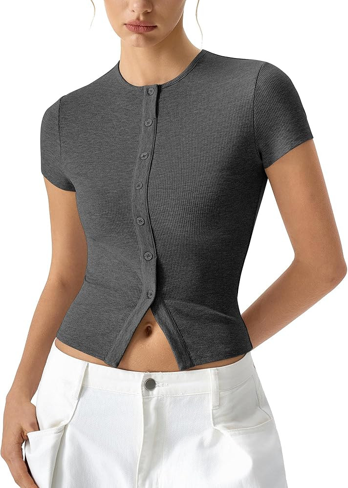 QINSEN Women's Crewneck Short Sleeve T Shirts Ribbed Button Going Out Trendy Tops | Amazon (US)