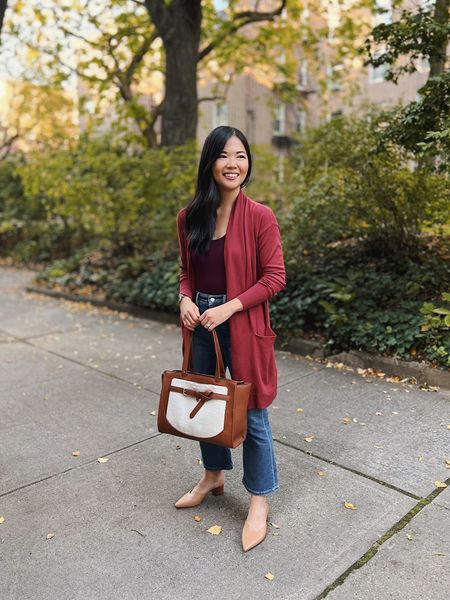 Casual fall outfit, smart casual, Amazon fashion, Walmart fashion, LOFT jeans, monochromatic outfit: dark red cardigan (XS), maroon tank bodysuit (XS), high waisted flare jeans (27P), brown canvas tote bag, brown block heels (TYS), mule heels.

#LTKunder100 #LTKunder50 #LTKSeasonal