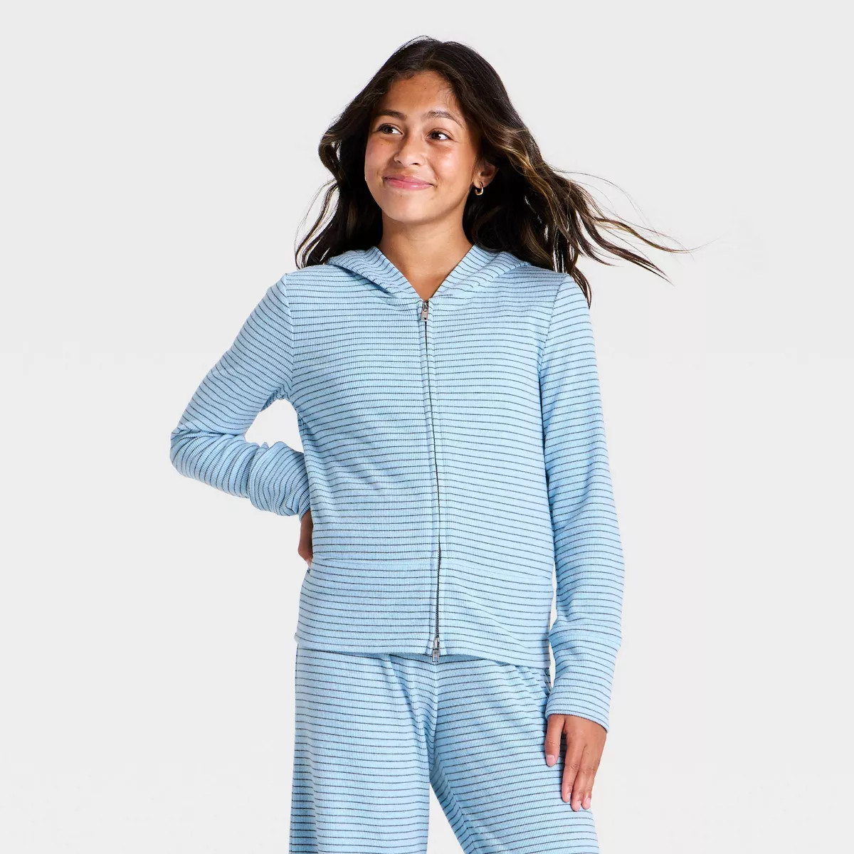 Girls' Cozy Zip-Up Striped Hoodie - art class\u2122 Light Blue/Gray/Blue L | Target